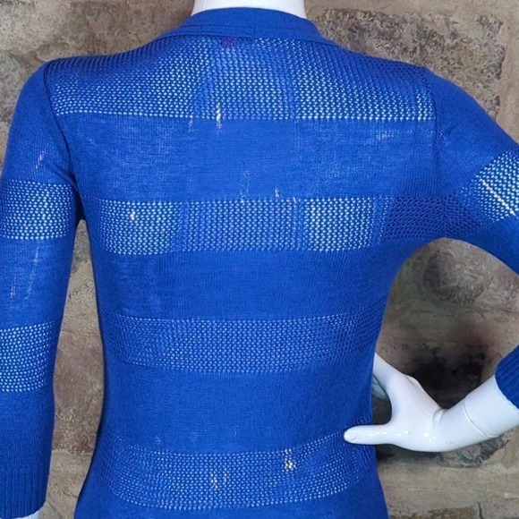 T/O Blue Cardigan Sweater Sheer Striped‎ 3/4 Sleeve Y2K Woman's Size Small - Picture 5 of 11